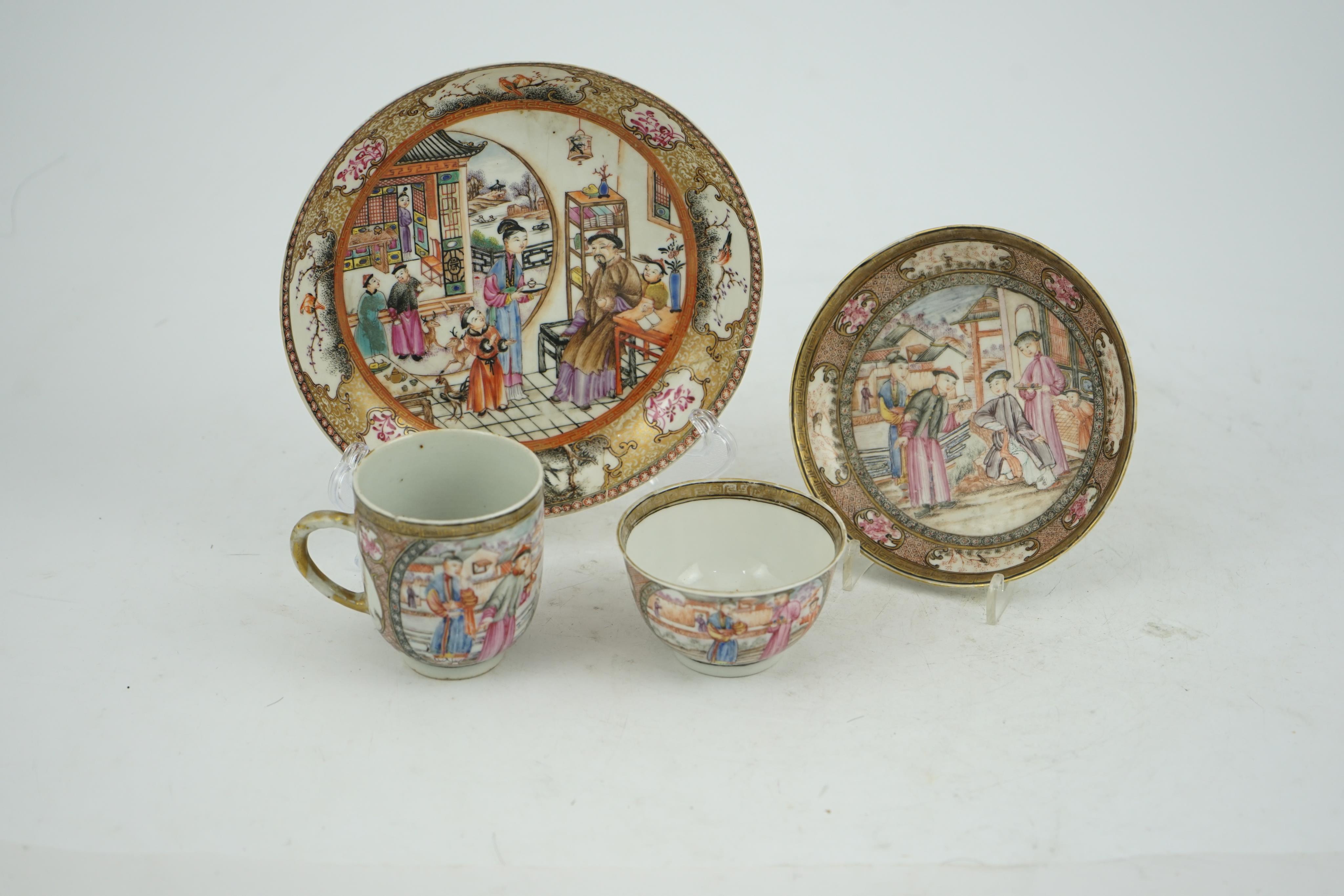 A Chinese ‘mandarin’ pattern tea bowl, coffee cup and saucer, Qianlong period